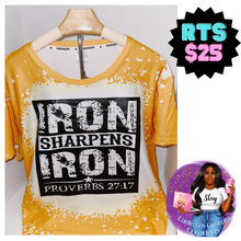 Load image into Gallery viewer, Iron Sharpens Iron Proverbs 27:17 T-Shirt: Gold Faux Bleached